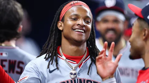 CJ Abrams #5 of the Washington Nationals celebrates.