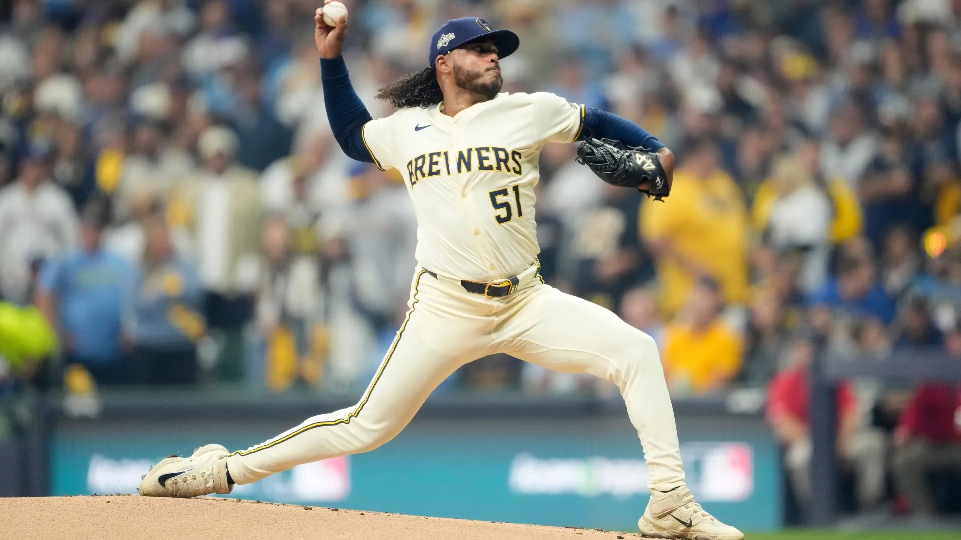 Freddy Peralta #51 with the Brewers pitches during the first inning against the Dodgers. Patrick McDermott/Getty Images