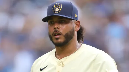 Freddy Peralta speaks during his introductory press conference with the Mets.