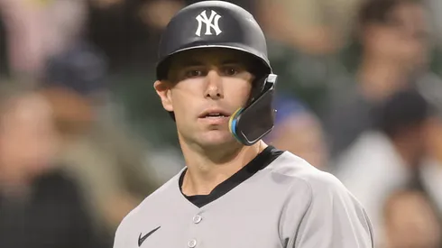 Paul Goldschmidt #48 of the Yankees reacts against the White Sox.