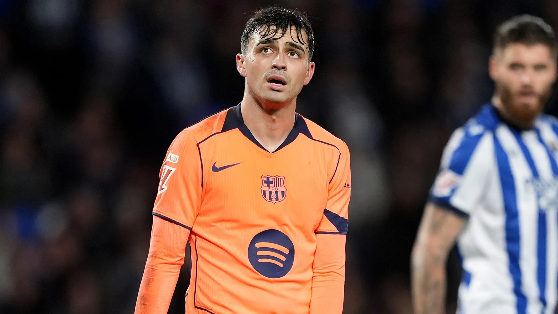 Pedri reacts during a Barcelona game. (Getty Images)