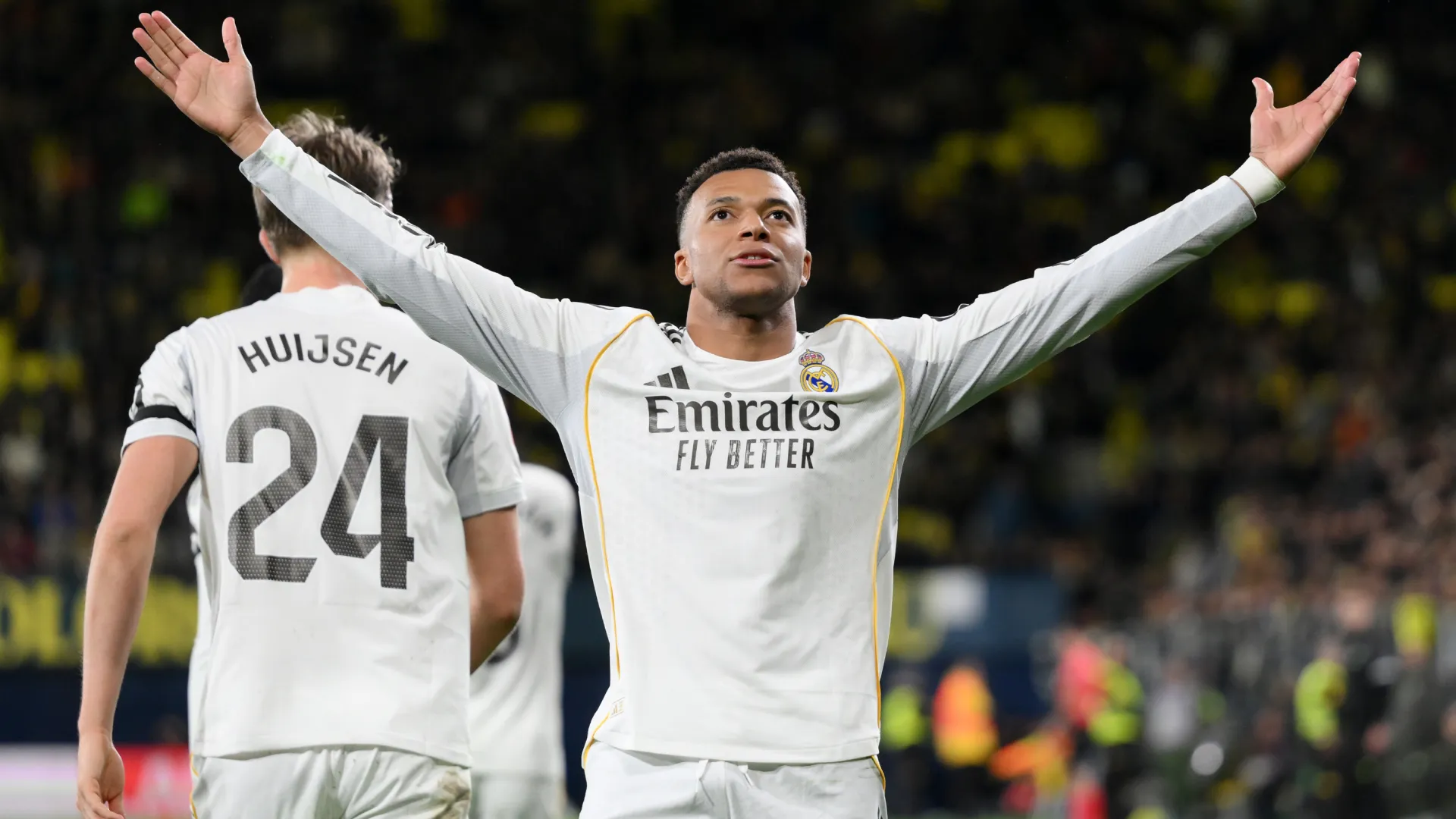 Kylian Mbappe celebrates a goal for Real Madrid. (Getty Images)