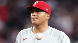 Starting pitcher Ranger Suárez flips the ball.