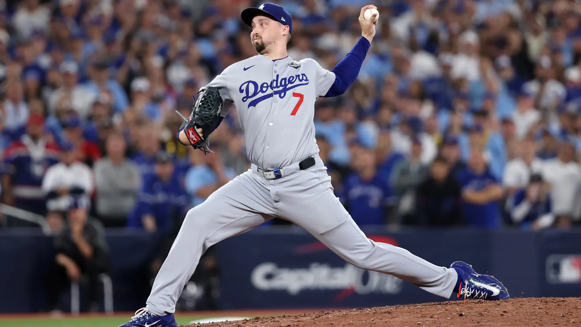 Blake Snell #7 of the Dodgers pitches against the Blue Jays. Emilee Chinn/Getty Images