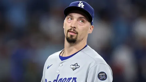 Dodgers pitcher Blake Snell (#7) reacts after recording a strikeout.