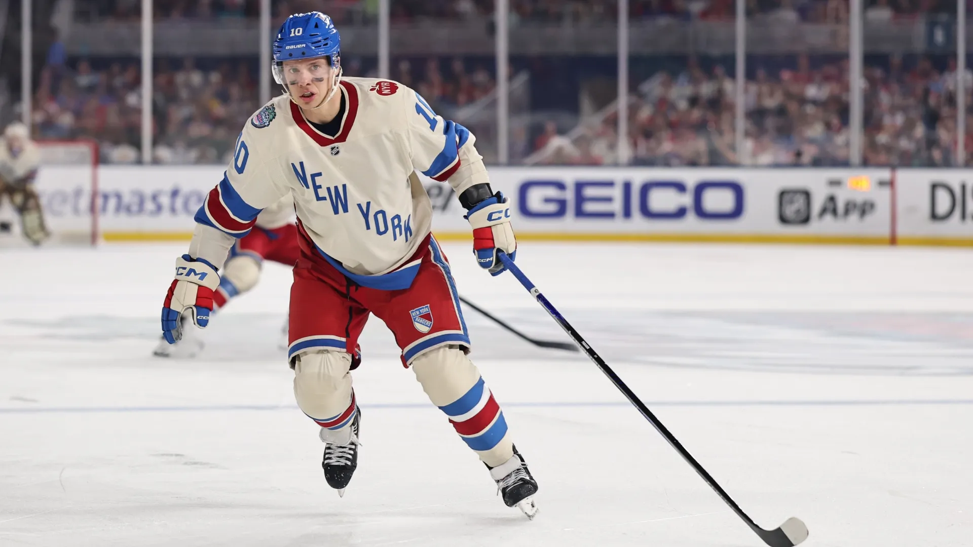 Artemi Panarin #10 of the Rangers in action during the 2026 Discover NHL Winter Classic game. Carmen Mandato/Getty Images