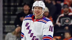 Artemi Panarin #10 of the New York Rangers smiles after his goal.