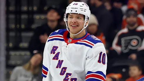 Artemi Panarin #10 of the New York Rangers smiles after his goal.