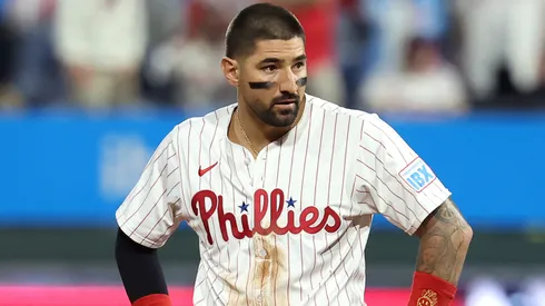 Nick Castellanos #8 of the Philadelphia Phillies looks on after hitting a two-RBI double.