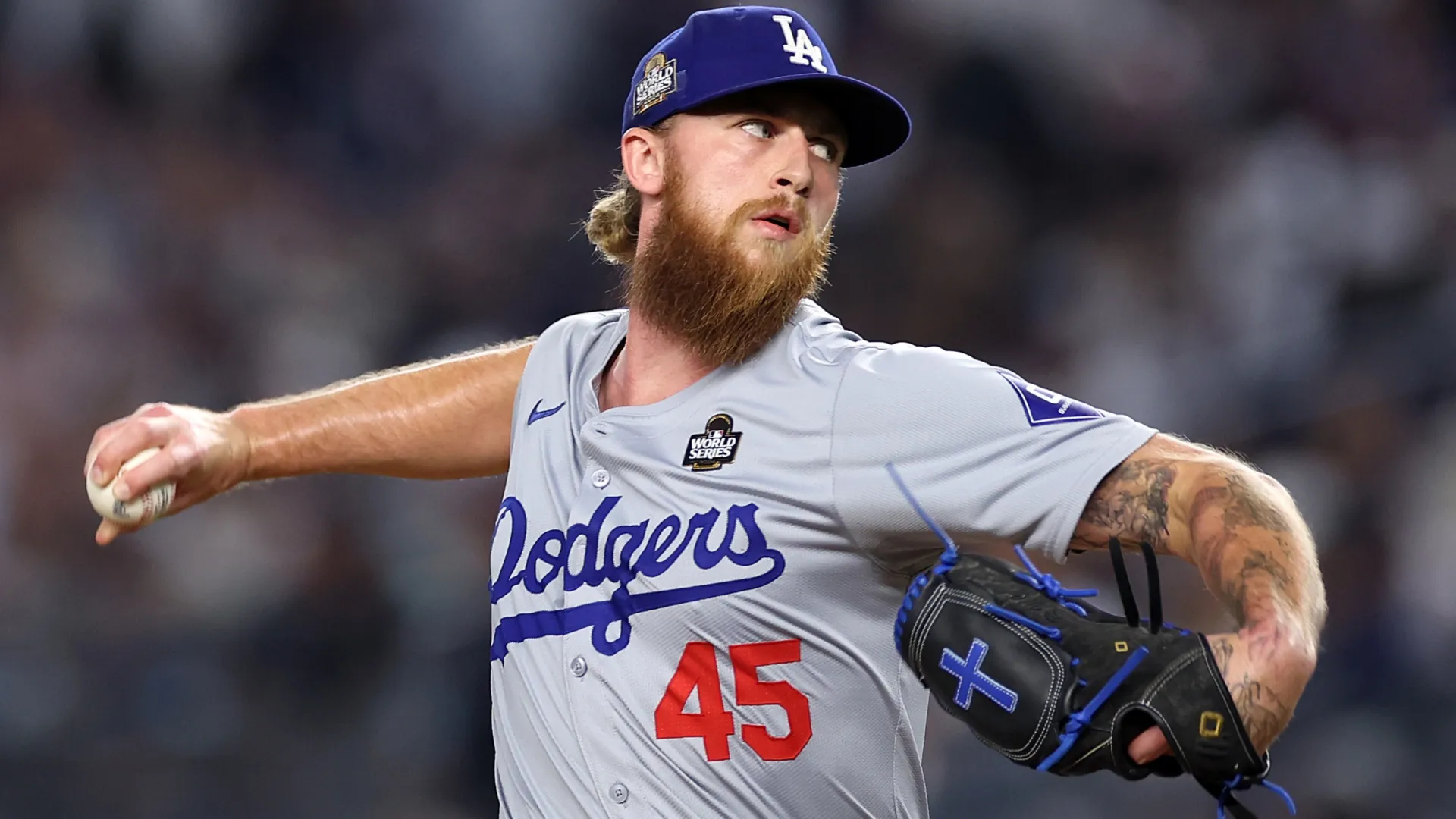 Michael Kopech #45 of the Dodgers pitches during the 2024 World Series. Stier/Getty Images