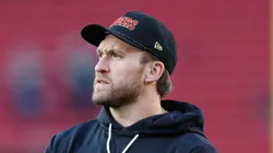 Kyle Juszczyk looks on prior to a game vs the Seahawks on January 03, 2026 in California.