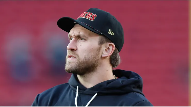 Kyle Juszczyk looks on prior to a game vs the Seahawks on January 03, 2026 in California.
