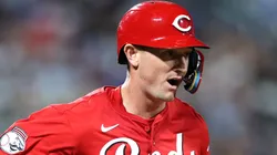 Austin Hays #12 reacts after running to first.