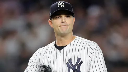 David Robertson #30 of the Yankees reacts in the seventh inning against the Red Sox.