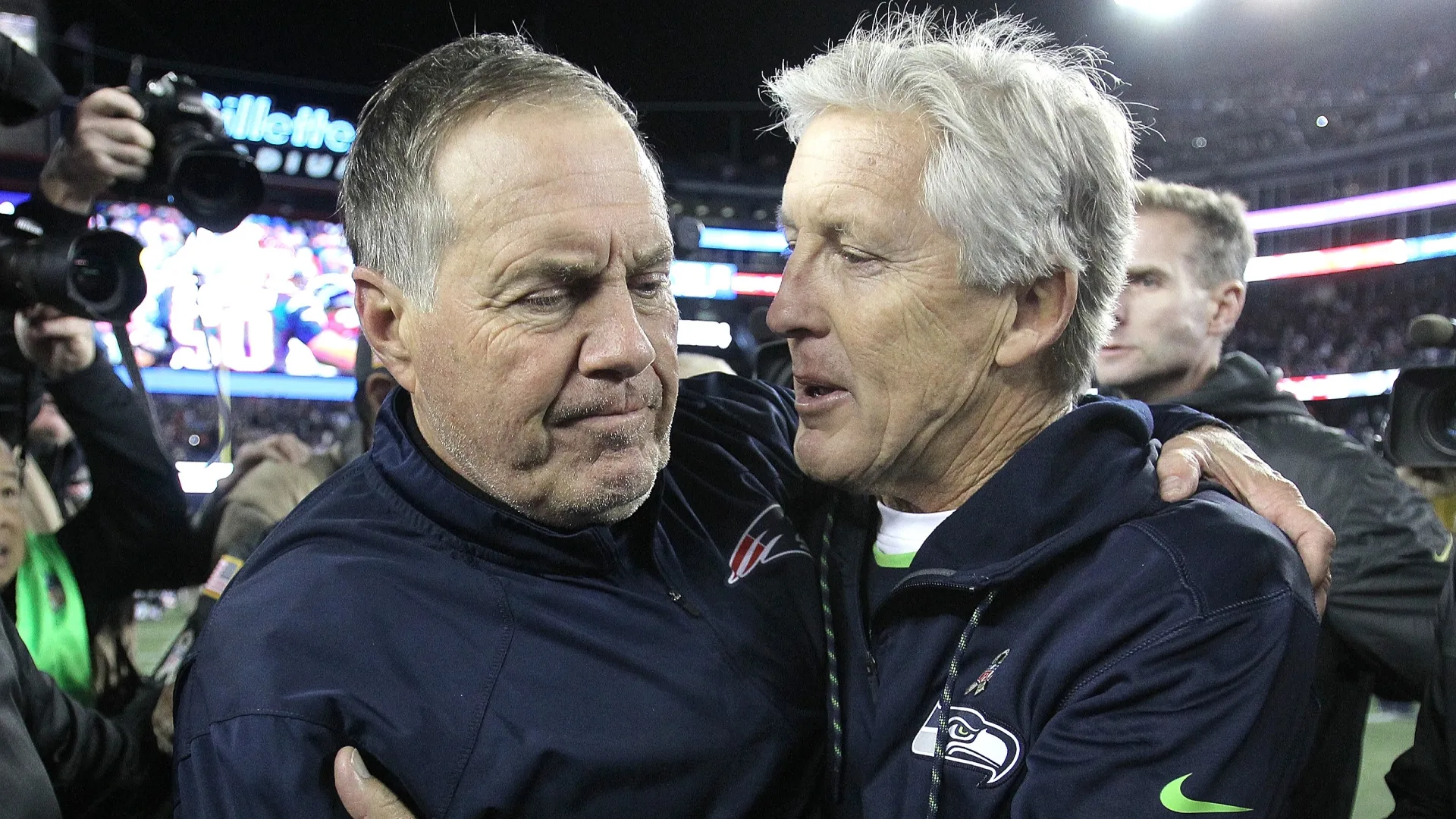 Bill Belichick of the New England Patriots meets Pete Carroll of the Seattle Seahawks