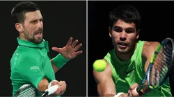 Novak Djokovic of Serbia (L) and Carlos Alcaraz of Spain