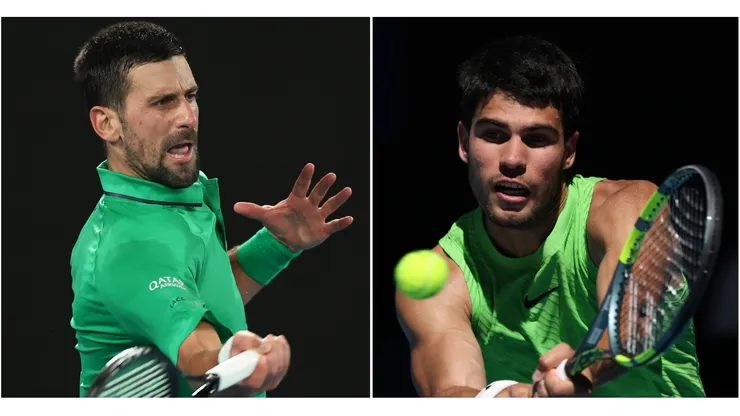 Novak Djokovic of Serbia (L) and Carlos Alcaraz of Spain
