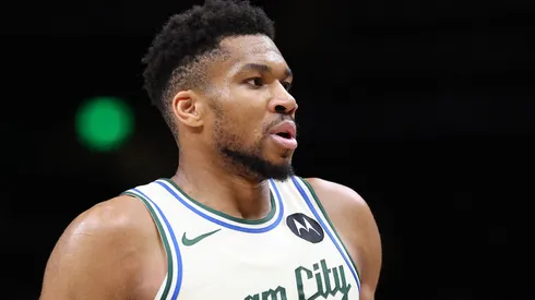 Giannis Antetokounmpo #34 of the Milwaukee Bucks reacts.