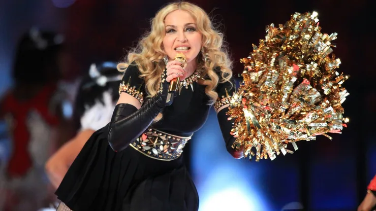 Madonna performs during the Bridgestone Super Bowl XLVI Halftime Show in 2012.