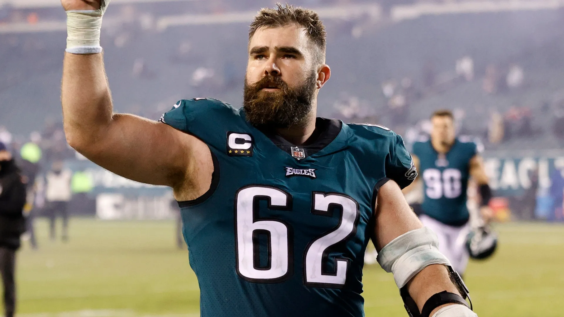 Jason Kelce walks off the field after defeating the Washington Football Team in 2021 (Source: Tim Nwachukwu/Getty Images)