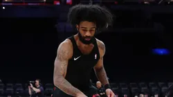 Coby White #0 of the Chicago Bulls warms up.