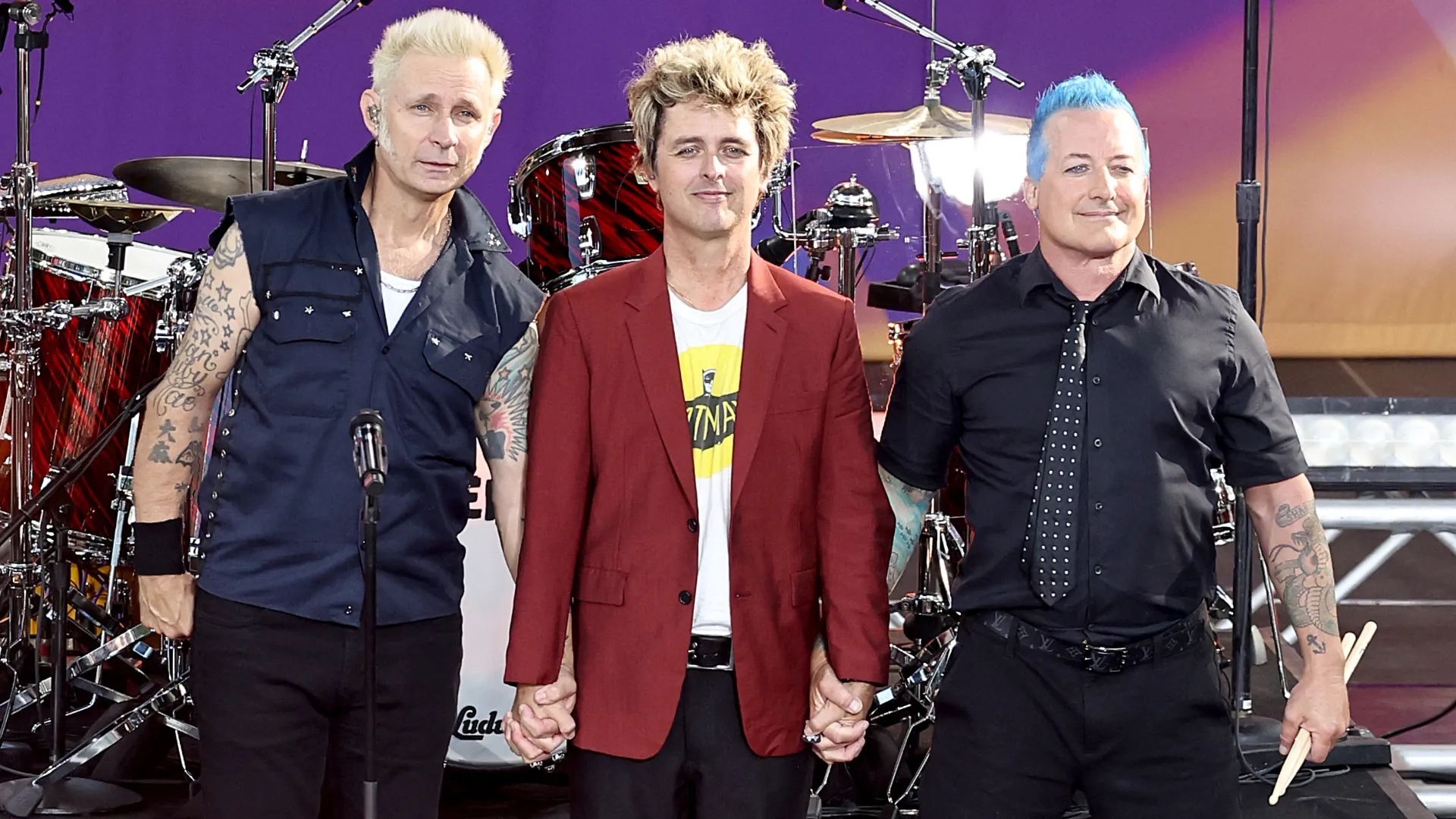 Mike Dirnt, Billie Joe Armstrong and Tré Cool of Green Day in 2024 (Source: Jamie McCarthy/Getty Images)