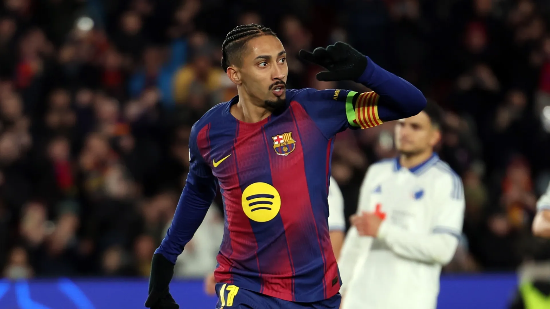 Raphinha of FC Barcelona celebrates scoring his team’s third goal during the UEFA Champions League. Judit Cartiel/Getty Images