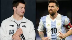 Drake Maye (L) Lionel Messi (R).