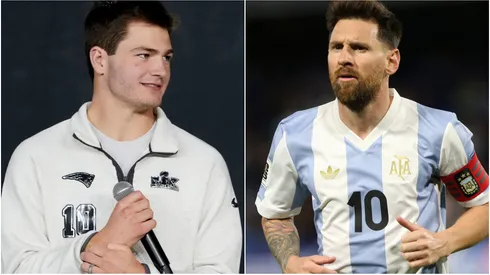 Drake Maye (L) Lionel Messi (R).