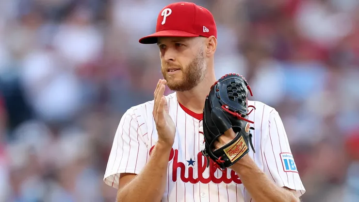 Zack Wheeler #45 of the Philadelphia Phillies celebrates an out.