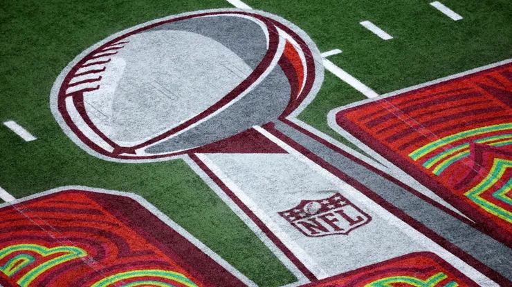 A general view of Super Bowl logo on the field before Super Bowl LIX.