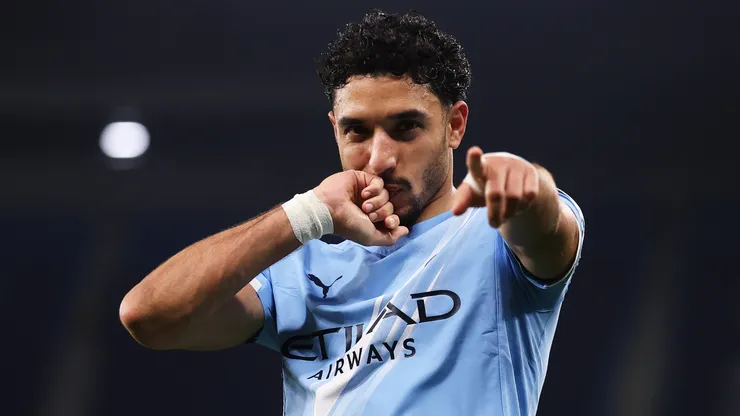 Omar Marmoush celebrates a goal for Manchester City.