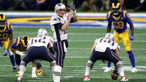 Tom Brady of the Patriots calls a time-out in the first quarter of the Super Bowl LIII in 2019.