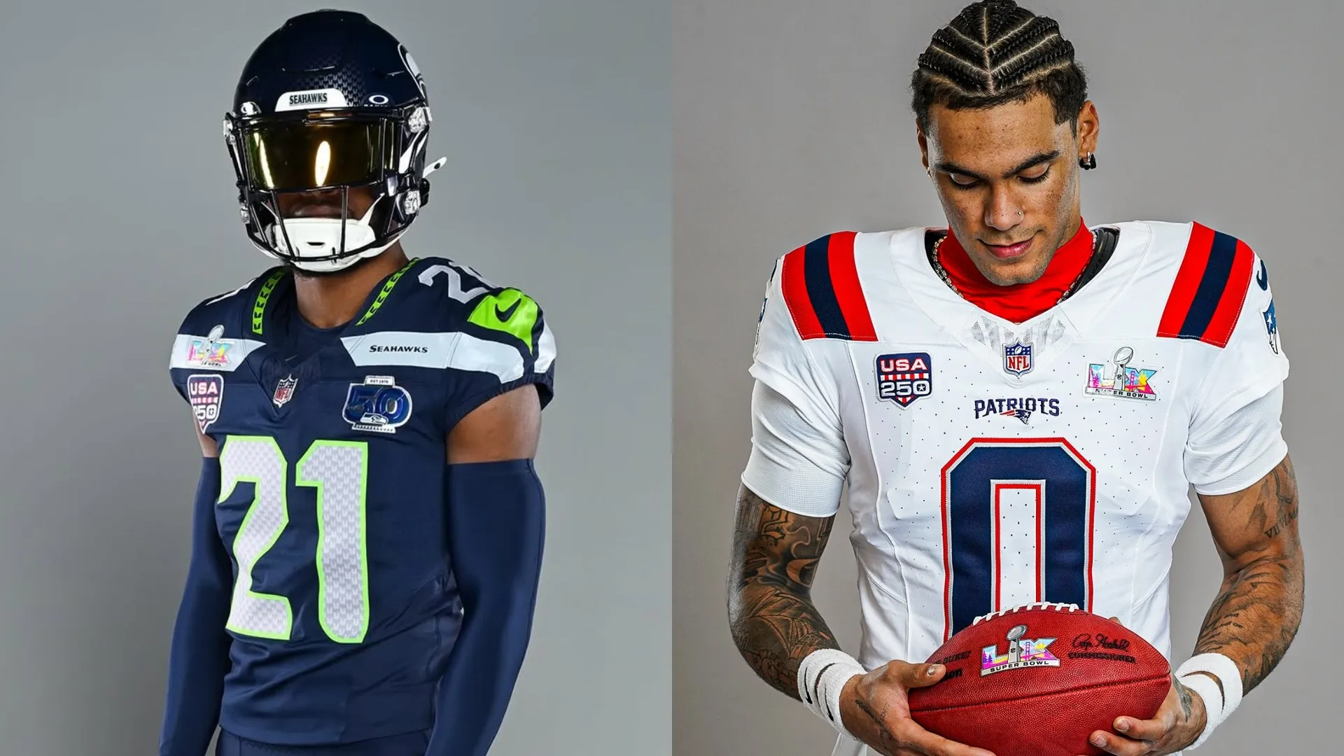 Seahawks and Patriots’ uniform for Super Bowl LX (Source: @seahawks and @patriots)