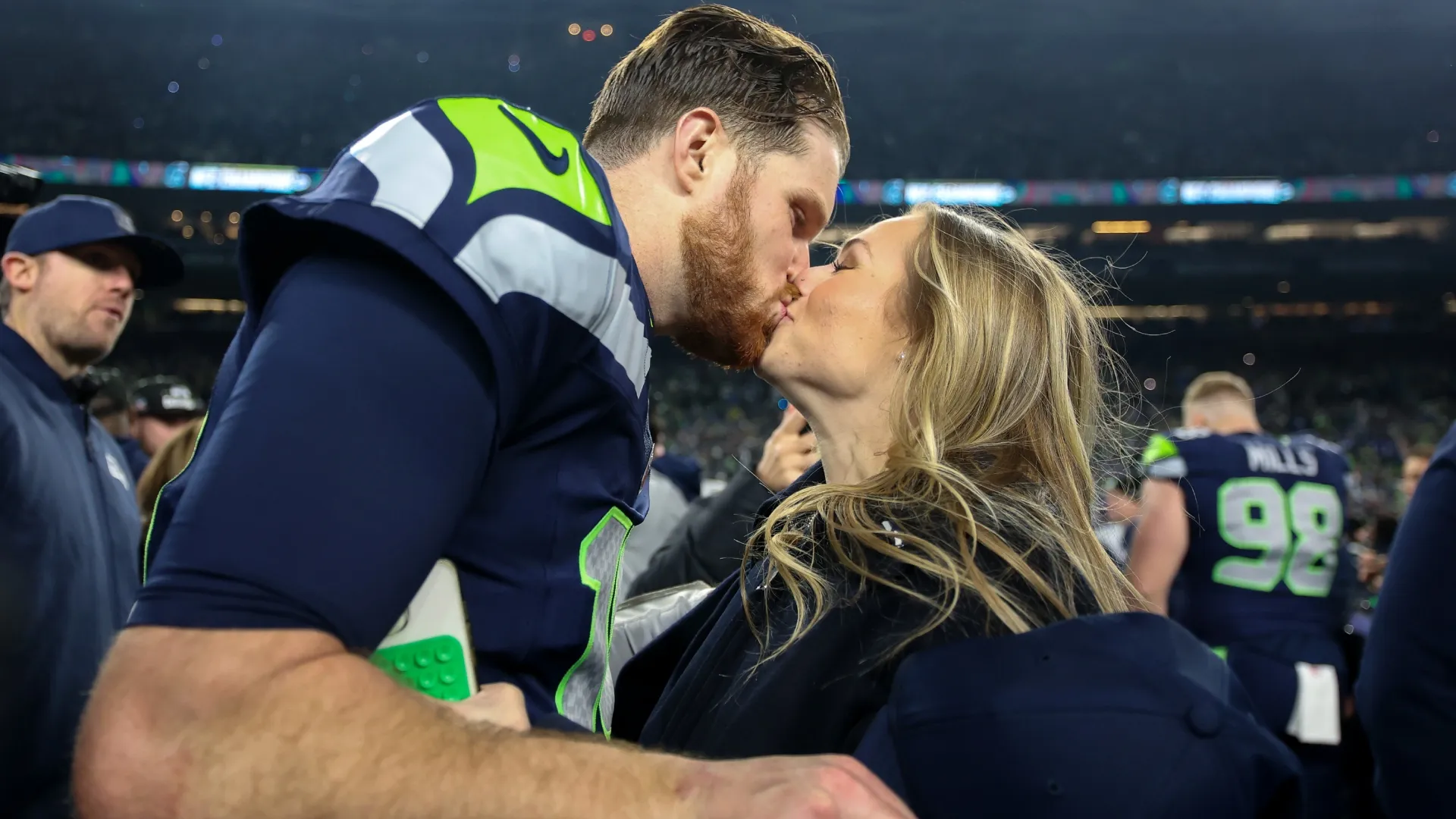 Sam Darnold kisses his fiance Katie Hoofnagle in 2026. (Source: Steph Chambers/Getty Images)