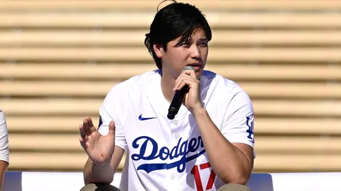 Shohei Ohtani #17 of the Los Angeles Dodgers talks.
