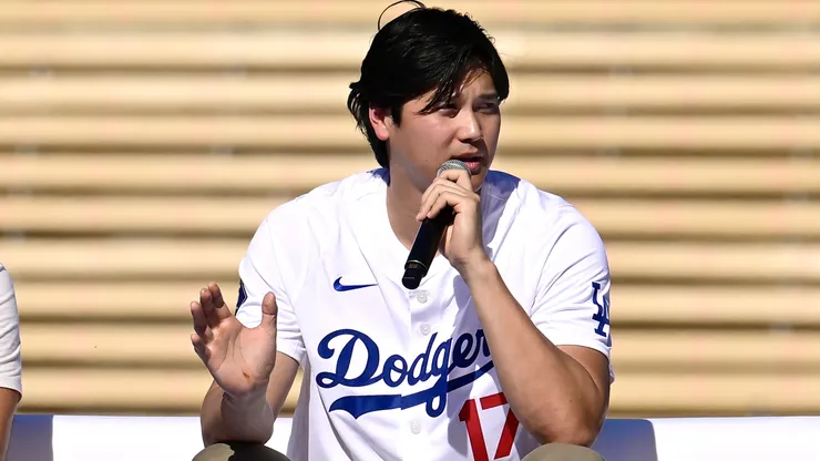 Shohei Ohtani #17 of the Los Angeles Dodgers talks.