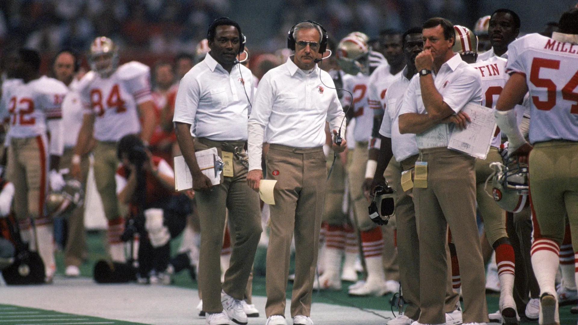 Head coach George Seifert of the 49ers and his coaching staff at the Super Bowl XXIV (Source: George Rose/Getty Images)