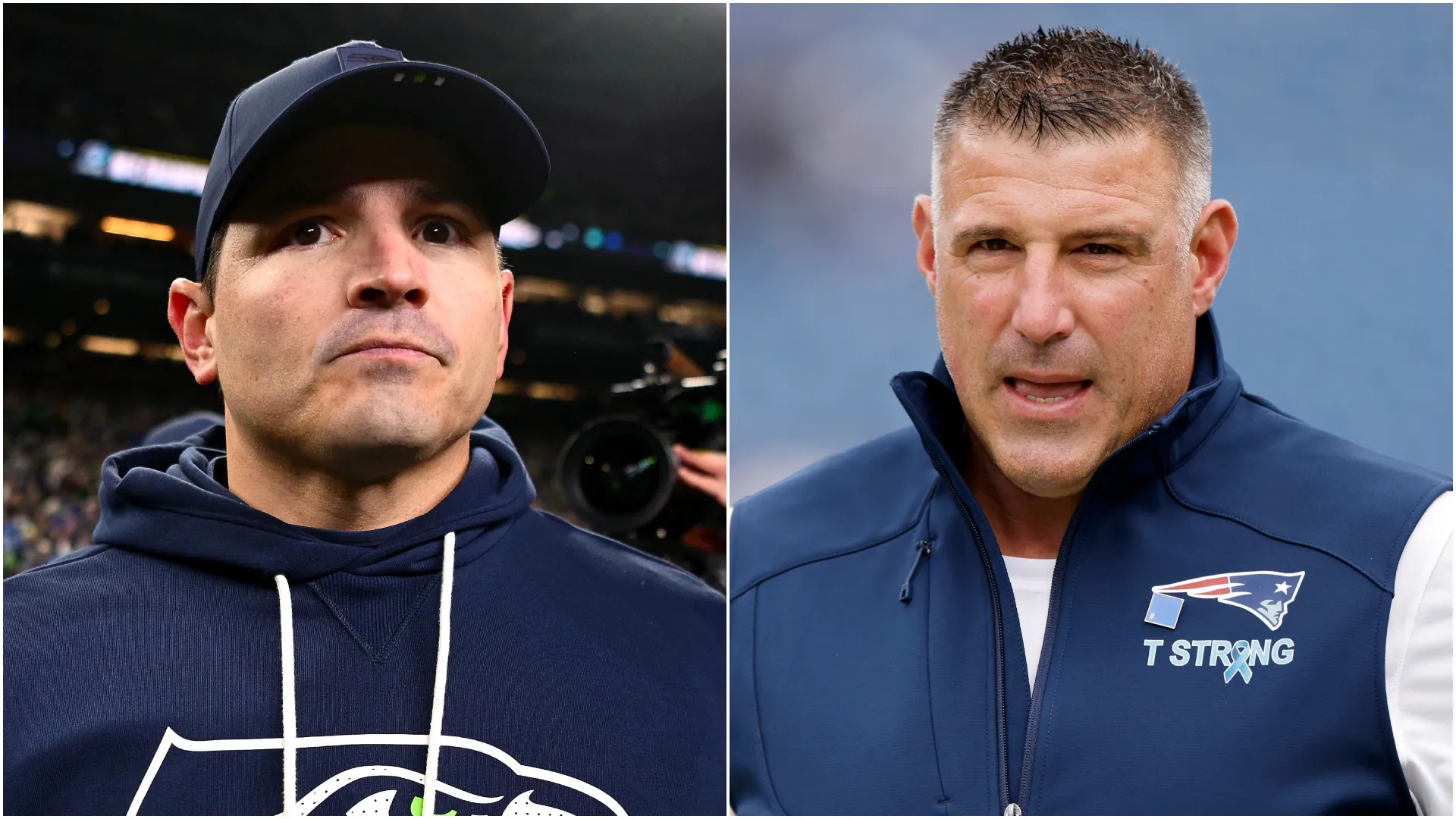 Mike Macdonald (left, Seahawks) and Mike Vrabel (right, Patriots)