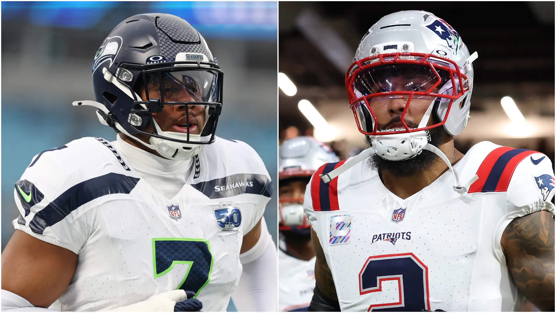 Uchenna Nwosu (left, Seahawks) and Harold Landry III (right, Patriots)