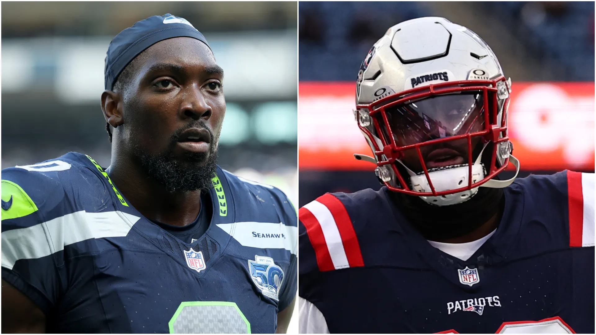 Demarcus Lawrence (left, Seahawks) and Christian Barmore (right, Patriots)