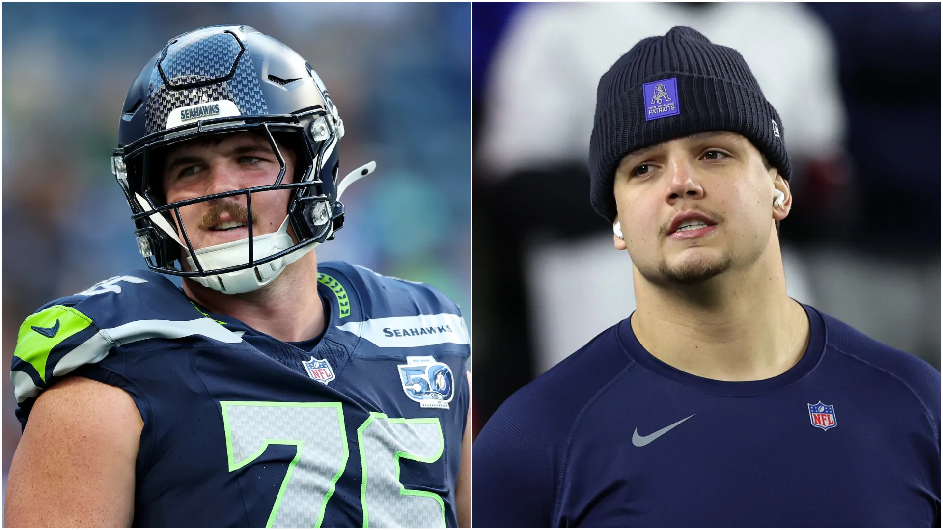 Grey Zabel (left, Seahawks) and Will Campbell (right, Patriots)