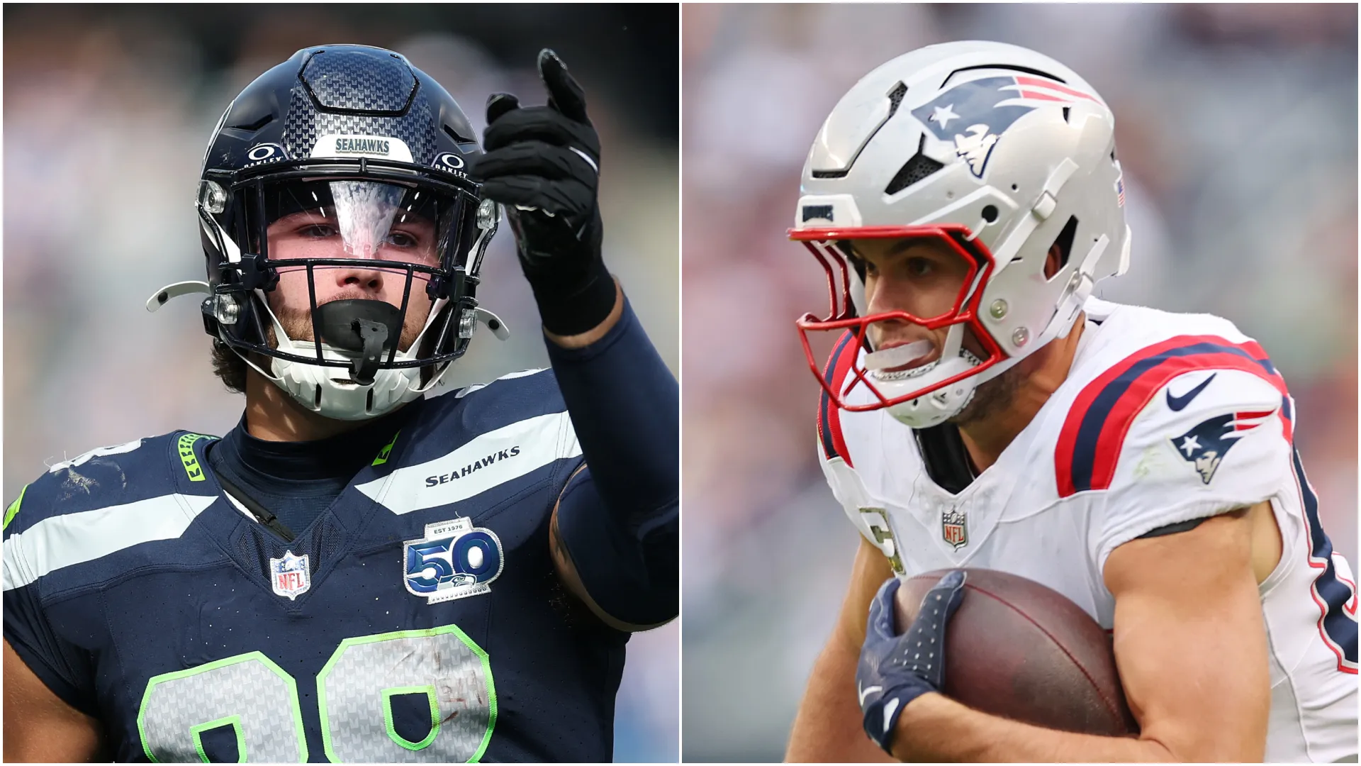 AJ Barner (left, Seahawks) and Hunter Henry (right, Patriots)