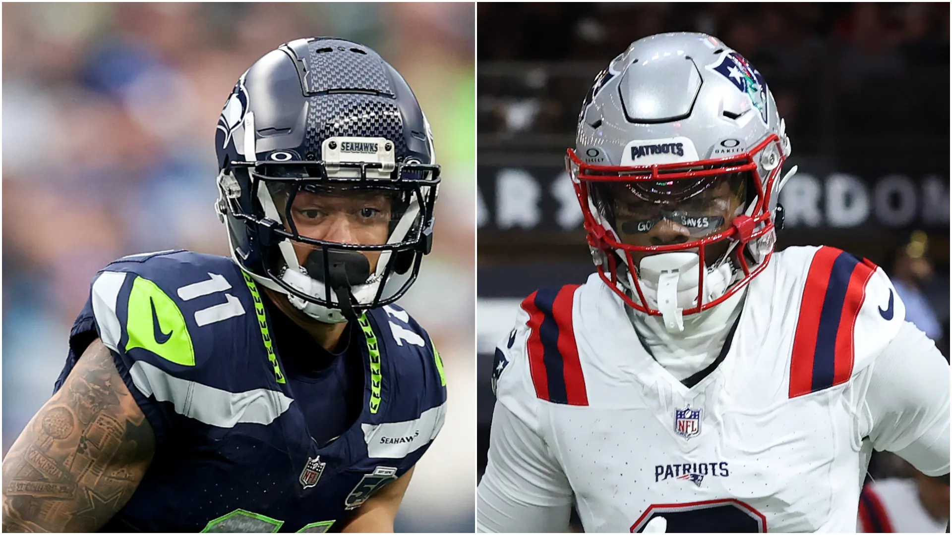 Jaxon Smith-Njigba (left, Seahawks) and Stefon Diggs (right, Patriots)