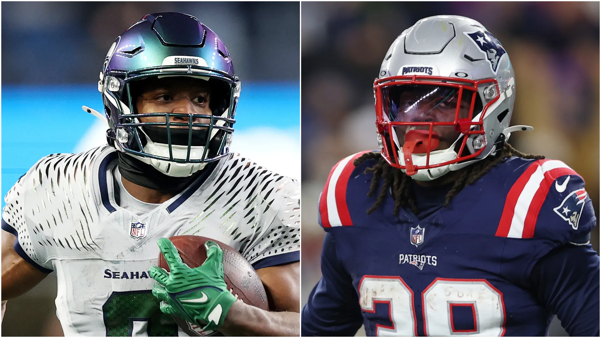 Kenneth Walker III (left, Seahawks) and Rhamondre Stevenson (right, Patriots)