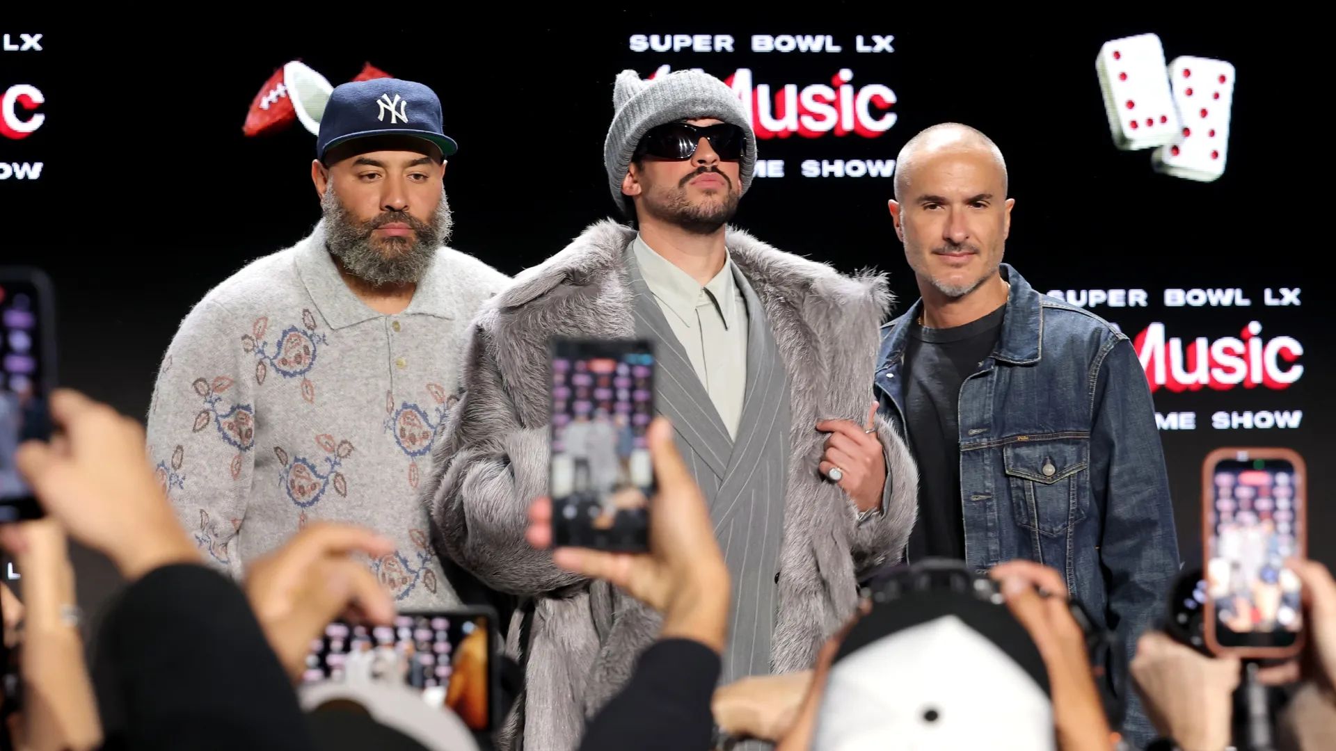 Ebro Darden, Bad Bunny and Zane Lowe in 2026 (Source: Mike Coppola/Getty Images)