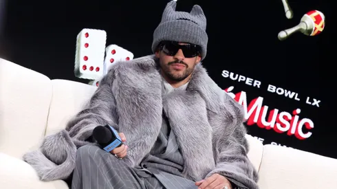 Bad Bunny speaks onstage during the Super Bowl LX Pregame & Apple Music Super Bowl LX Halftime Show Press Conference.
