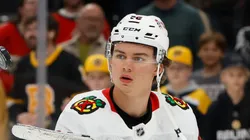 Connor Bedard #98 of the Chicago Blackhawks at the TD Garden