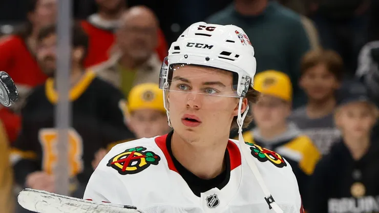 Connor Bedard #98 of the Chicago Blackhawks at the TD Garden
