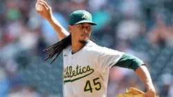 Osvaldo Bido #45 of the Athletics delivers a pitch.